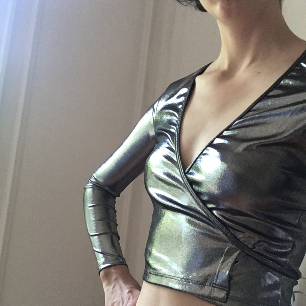 silver long sleeve wrap-around crop top